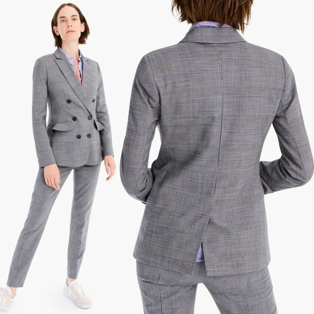 J. Crew Glen Plaid Classic Grey Blue Ruffle Pocket Double Breasted Blazer Size 8